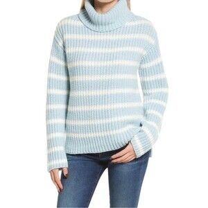 NWT Caslon Striped Sweater Shaker Stitch Turtleneck Blue & Ivory Size Large NEW